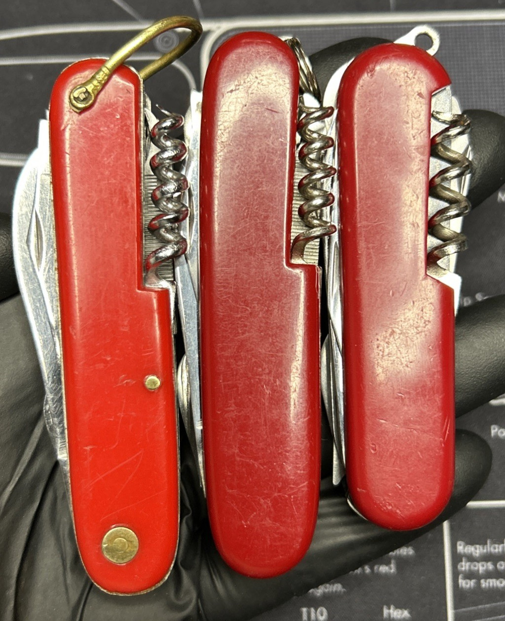 Lot Of 3 Vintage Japan Red Multi Tool Folding Knives Good USED Tools Clean Sharp