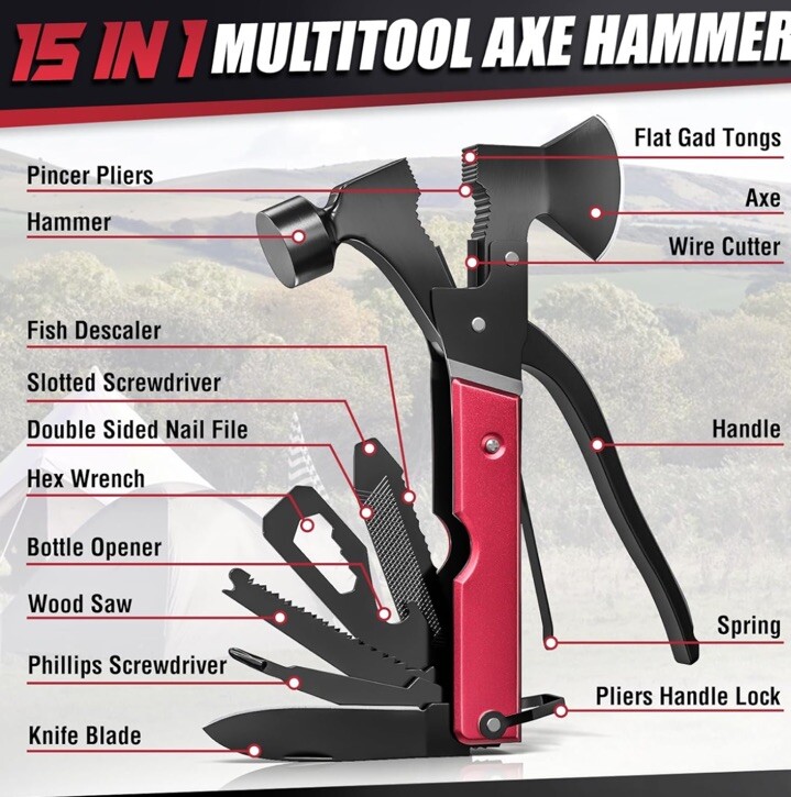 Multitool Axe Hammer Camp Hatchet Screwdriver Bits Knife NEW – USA