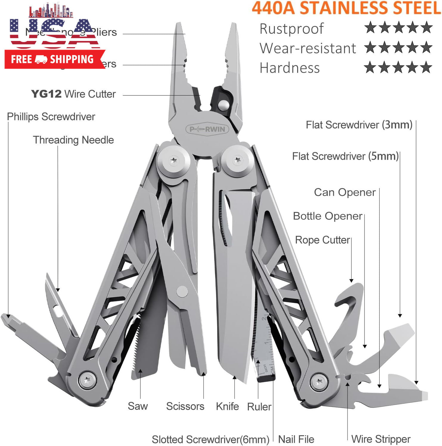 Multitool, 17-In-1 Stainless Steel Multi Tool Pliers with Self-Locking, Pocket K