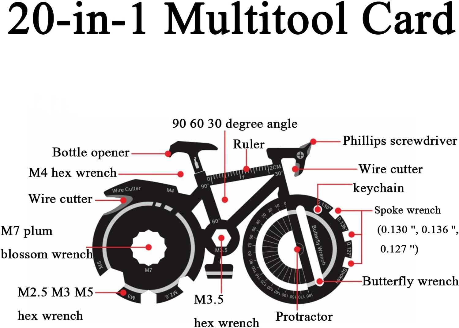 1 Pc Multitool Card 20-In-1 Bike Shape Multi-Purpose Pocket Tool for Outdoor Spo