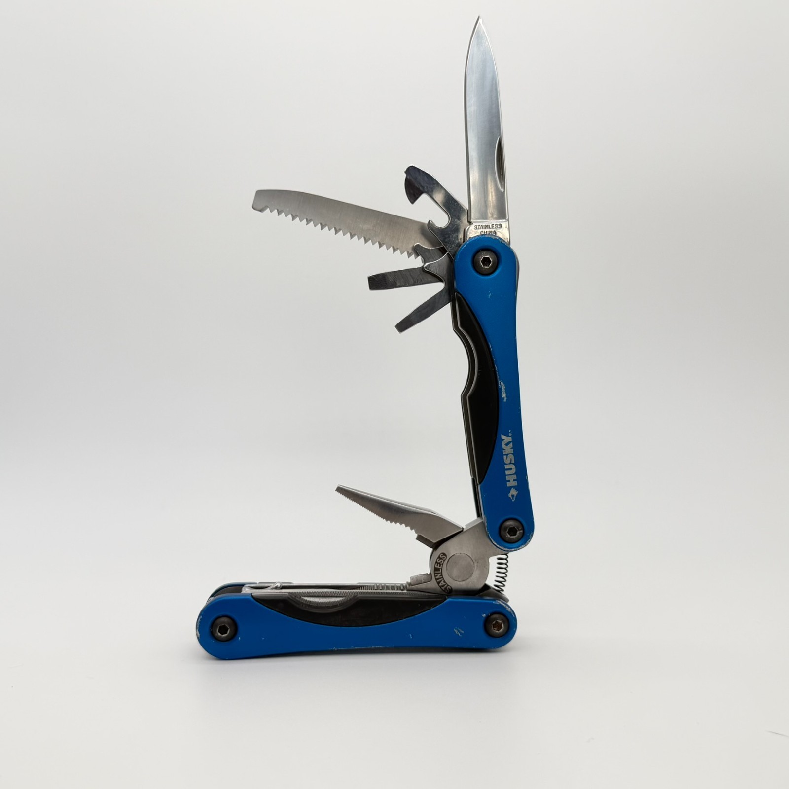Husky 13-in-1 Tactical Multi-Tool Blue Anodized Aluminum Handle Folding Pliers