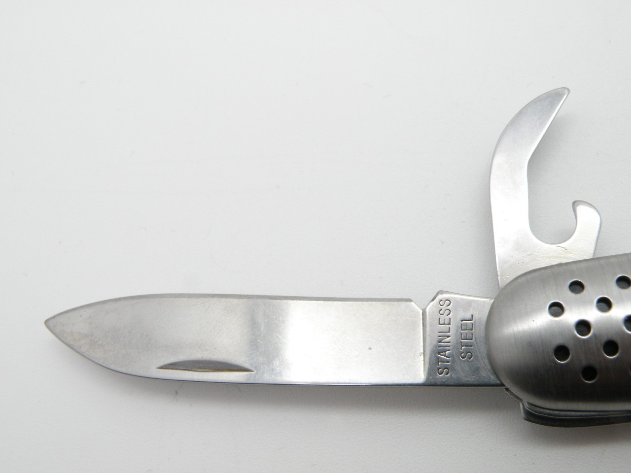 Vintage Silver Tone Multi-Tool Pocket Knife Stainless Steel Perforated Handle