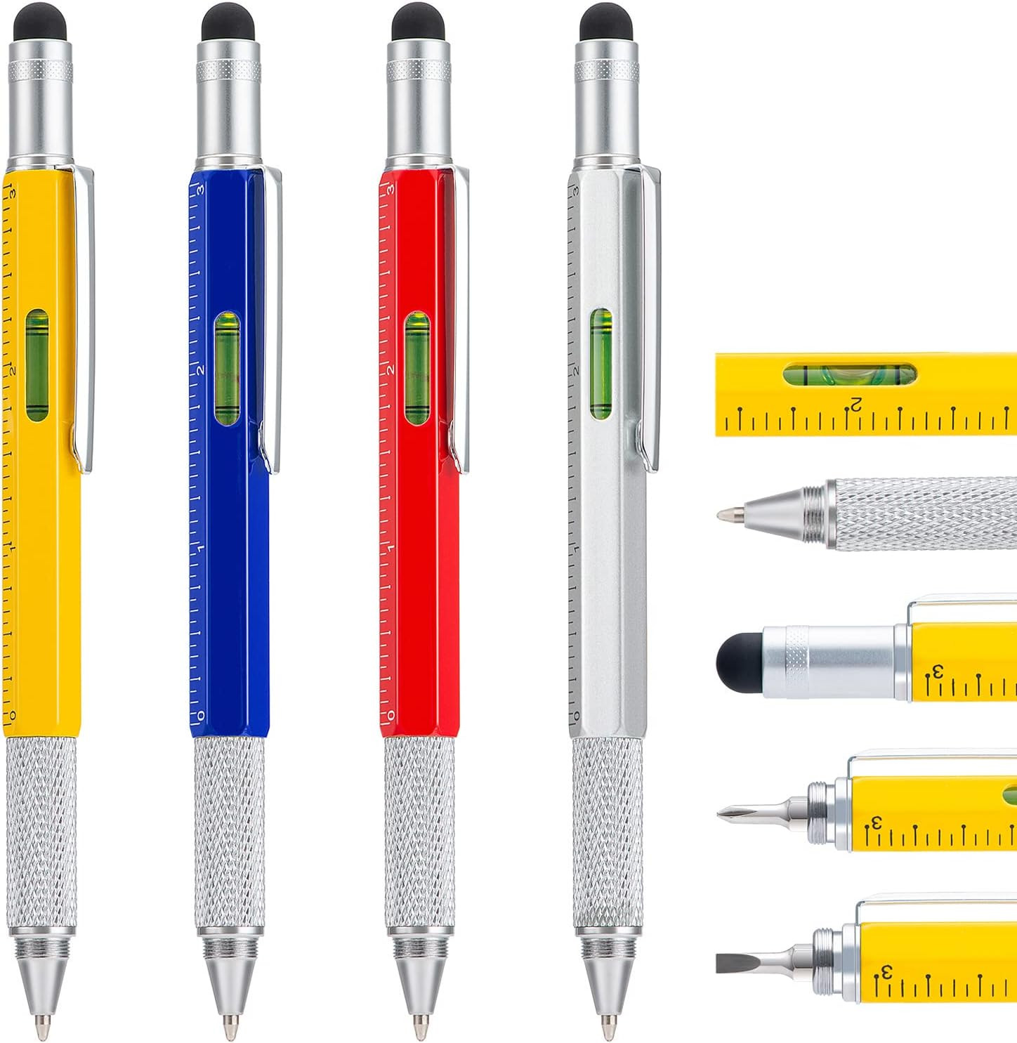 4 Pack Multitool Pen with Extra Refills Set, 6 in 1 Multitool Pen with Ruler & L