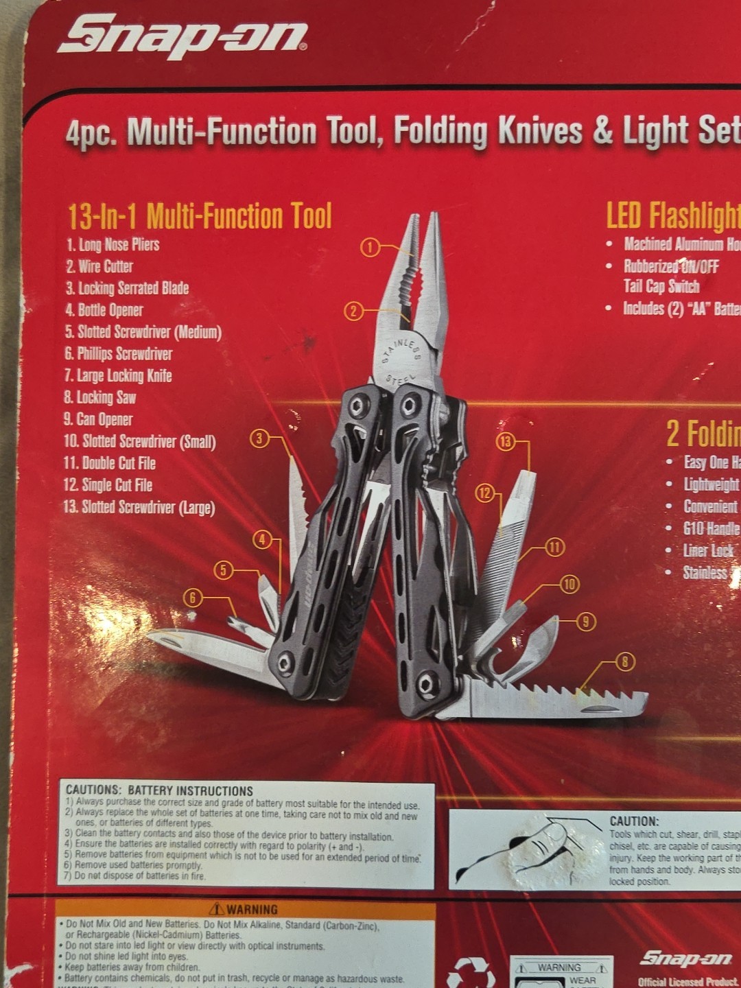 4-Piece Snap-On Multi Tool Set with 2 Knives, Flashlight, & 13 In 1 Multi Tool