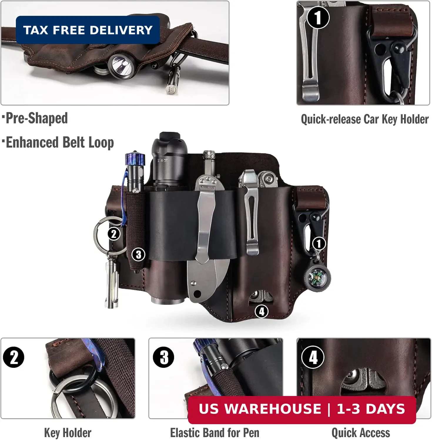 Leather Multitool Sheath – EDC Belt Organizer for Leatherman Tools, Flashlight,