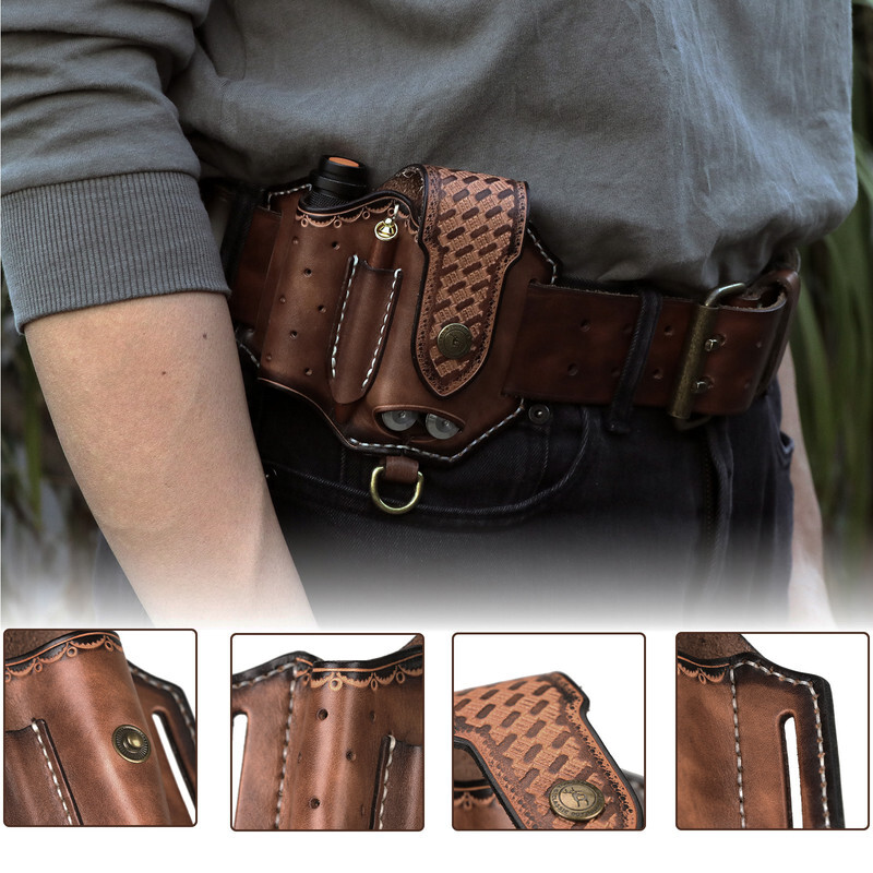 TOURBON 4-in-1 Leather Multitool Belt Holster for Flashlight/EDC/Pen Sheath Gift