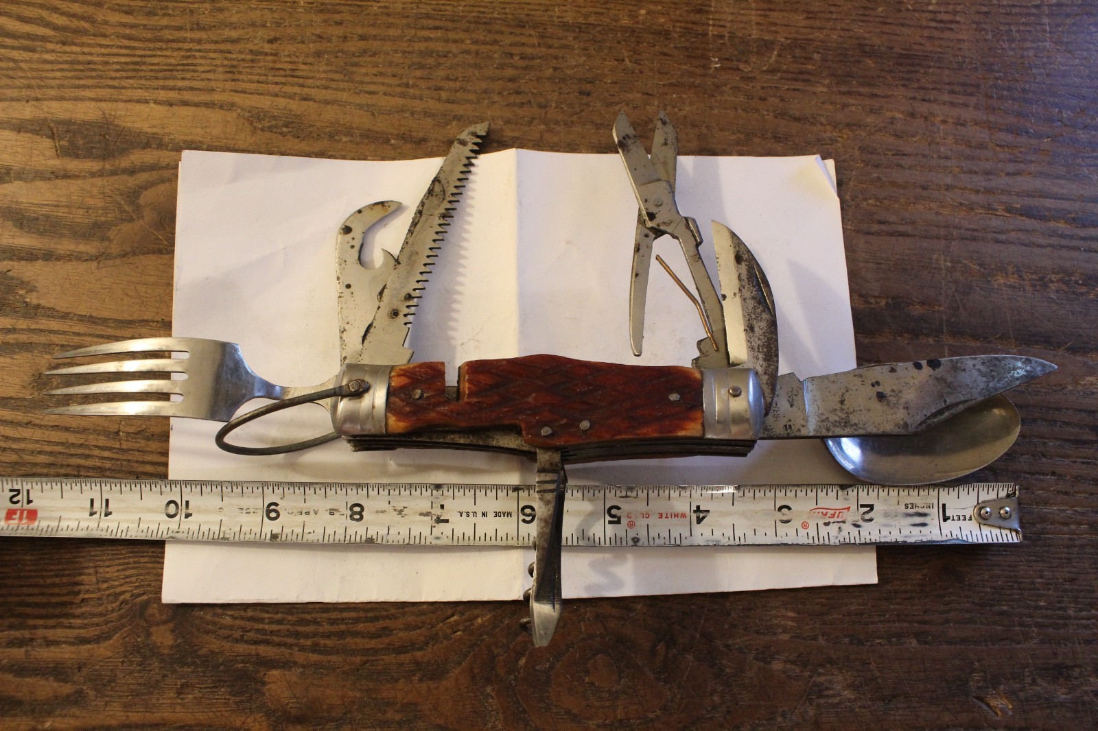 Hi-Test Multi Purpose Camping Knife with Several Attachments-Spoon-Fork-Tools