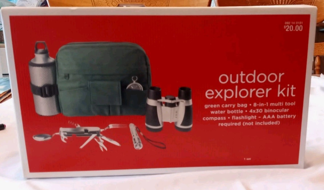 Outdoor Explorer Set Binoculars Compass Water Bottle MultiTool Bag Flashlight