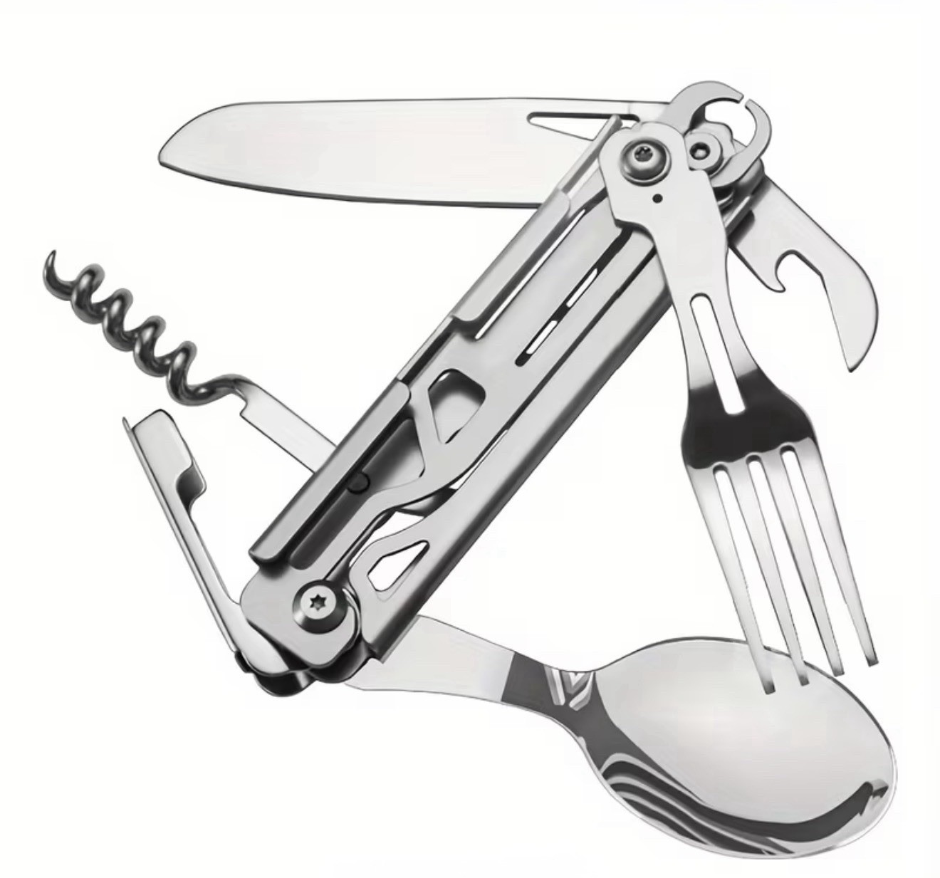 FOLDING UTENSIL MULTI-TOOL (Stainless Steel With Cloth Tote Case) 5 In 1 Tools