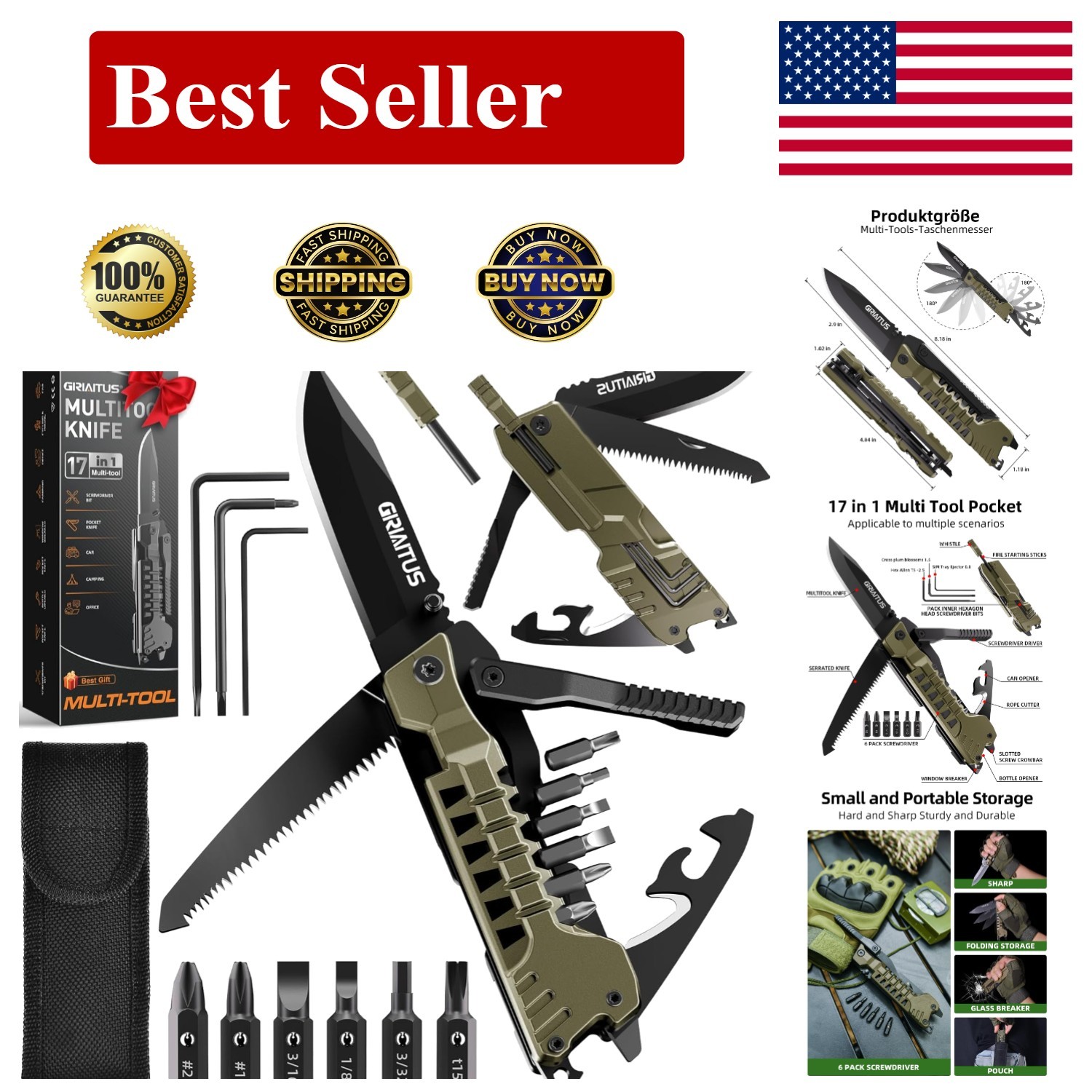 Versatile Pocket Knife 17-in-1 with One-Hand Operation for Hiking & Camping Gear