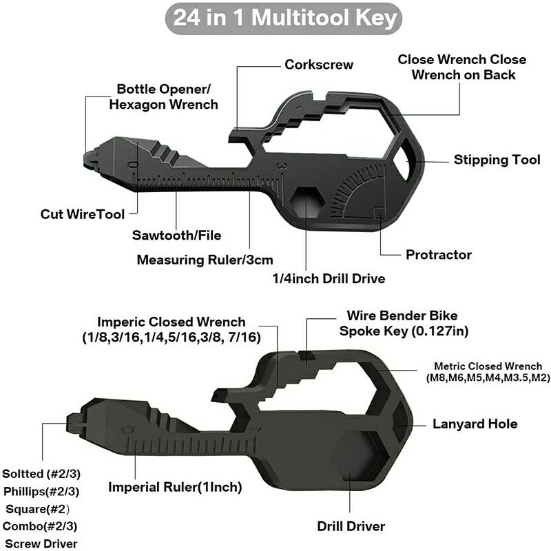 24 in 1 Key Shaped Pocket EDC Multi Tool Keychain Bottle Opener Wrench Ruler