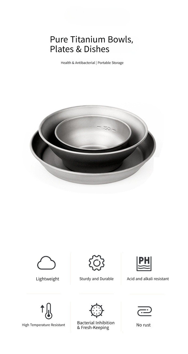 Pure titanium bowl and plate set, portable, food grade, durable, outdoor camping