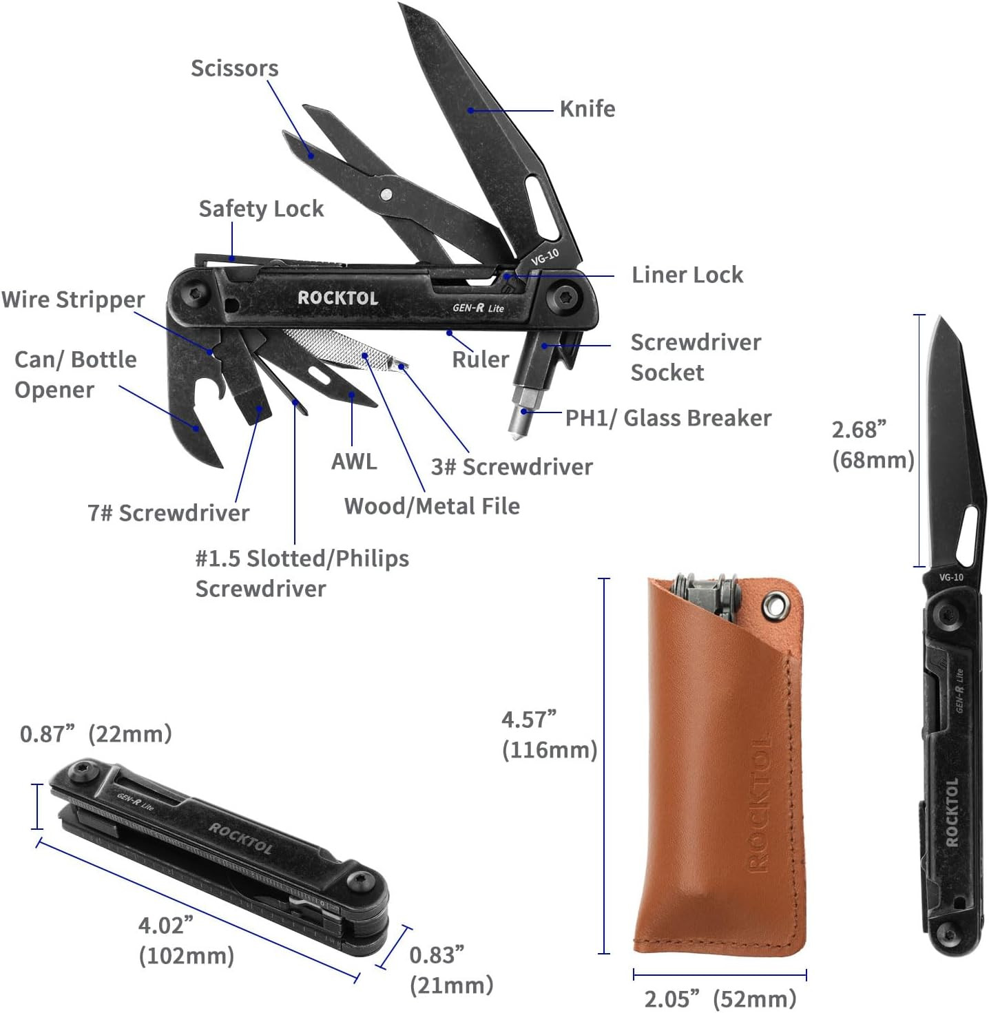 ROCKTOL Gen-R Lite Multitool, 15-in-1 EDC Pocket Knife with VG10 Blade