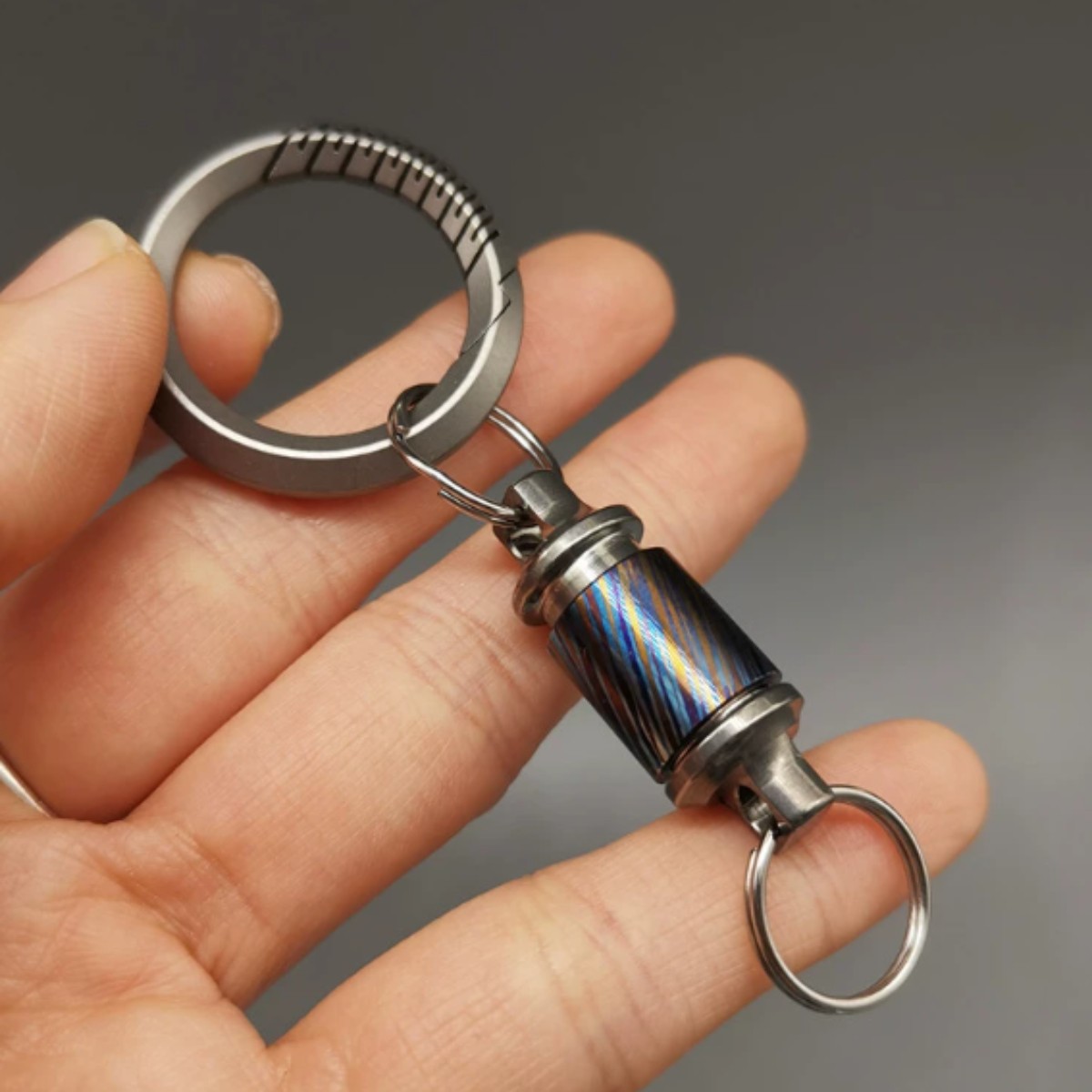 Lsand Timascus Insert Buckle Ring Portable Double Keychain Pendant EDC Tool