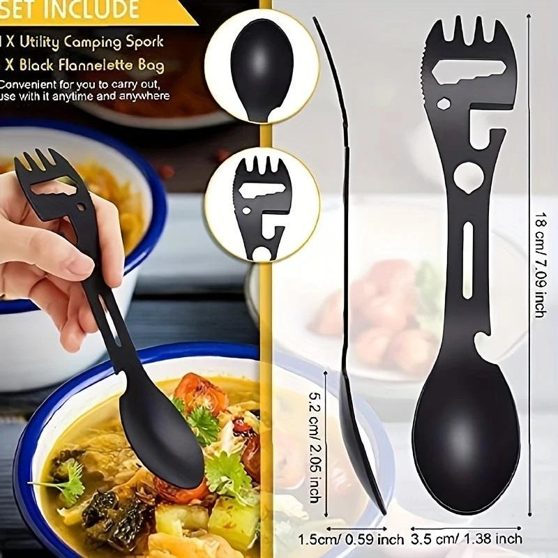 Camping Multi-tool Whistle Knife Fork Spoon Wrench Bottle Opener – 1pc