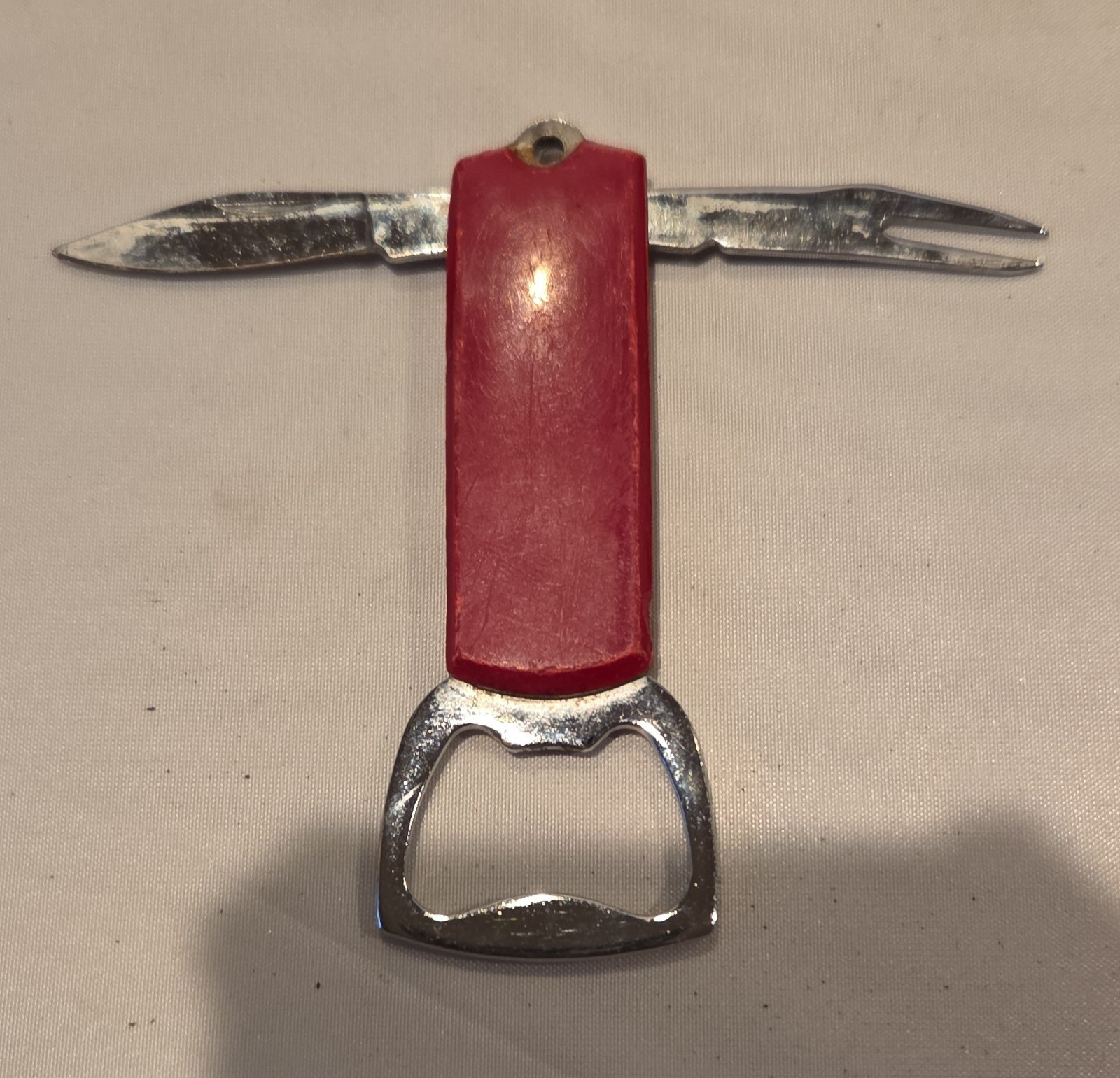 Red Plastic Metal Multi-Tool Knife Fork Bottle Opener Straight Edge