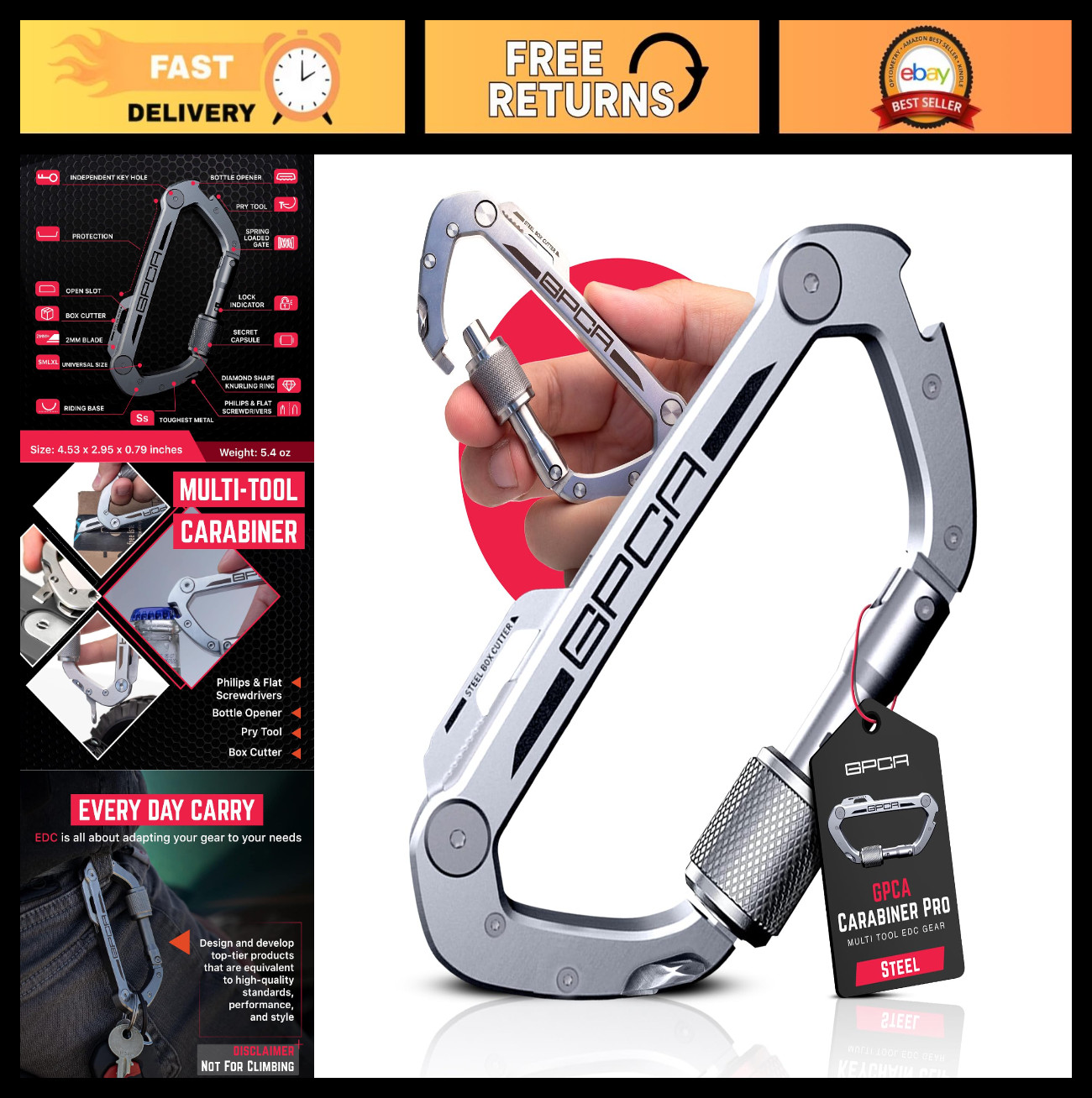 Heavy Duty Carabiner Multitool Key Clip – Bottle Opener, Screwdriver, EDC Gear,