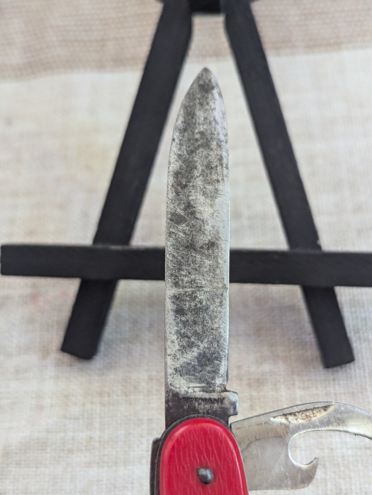Vintage German 3-Tool Multitool Pocket Knife Carbon Steel Red 3.5″ Plastic Scale