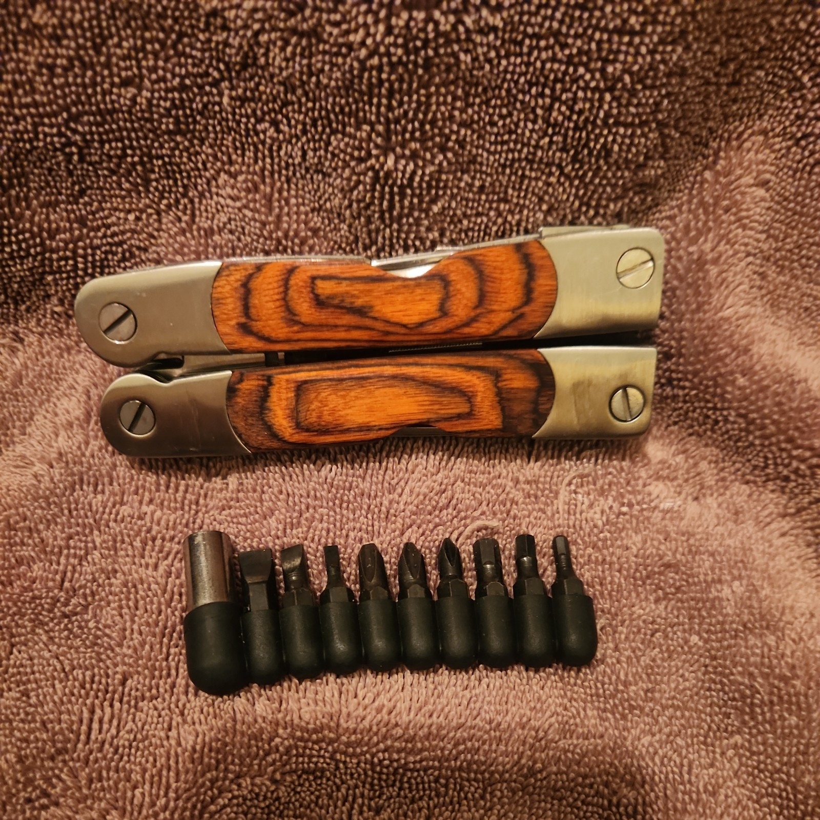 Wood Handle Stainless Steel Multi Tool with Bits 7″Open