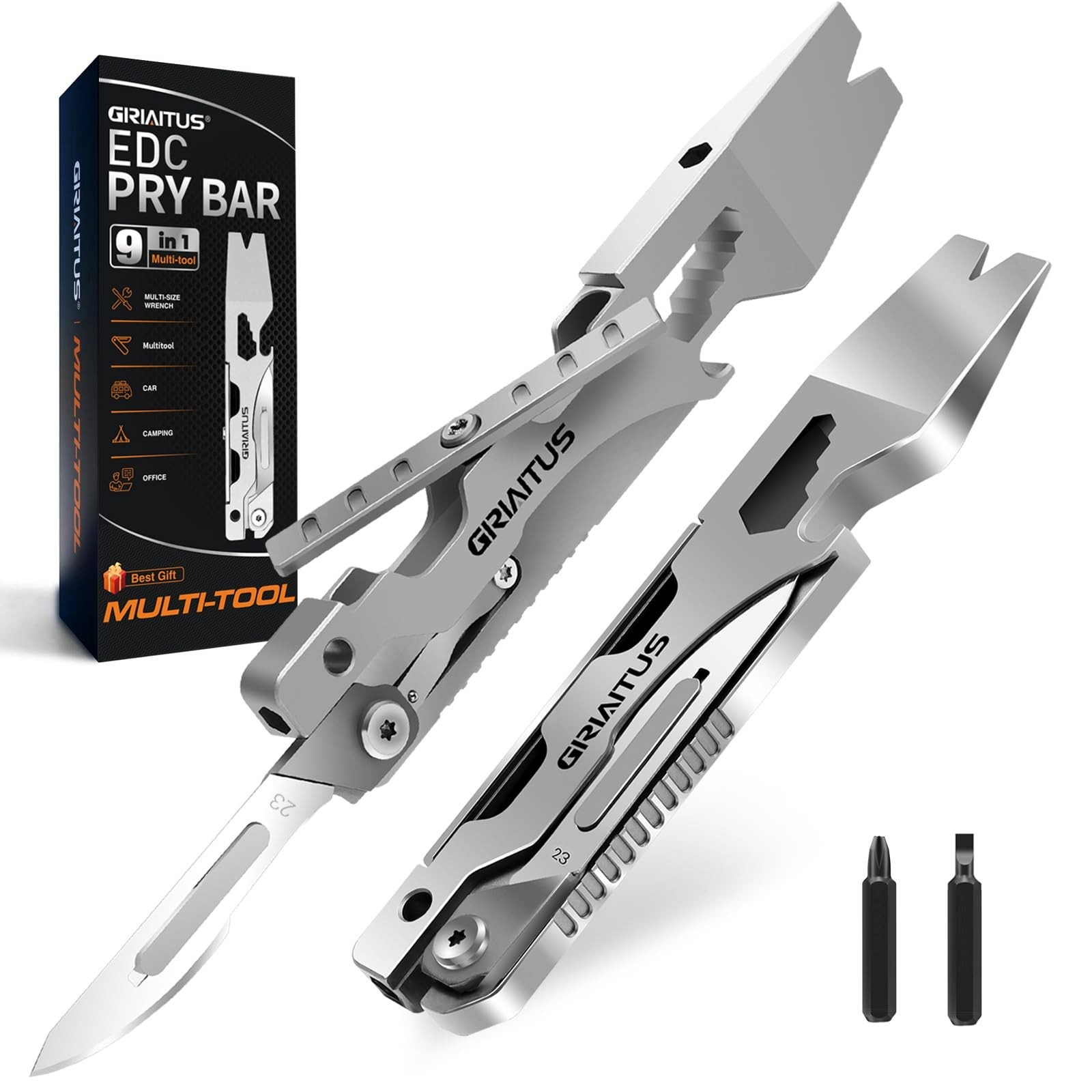 Multitool Pry Bar Wrench with Screwdriver, Box Cutter, Bottle Opener – EDC Pocke