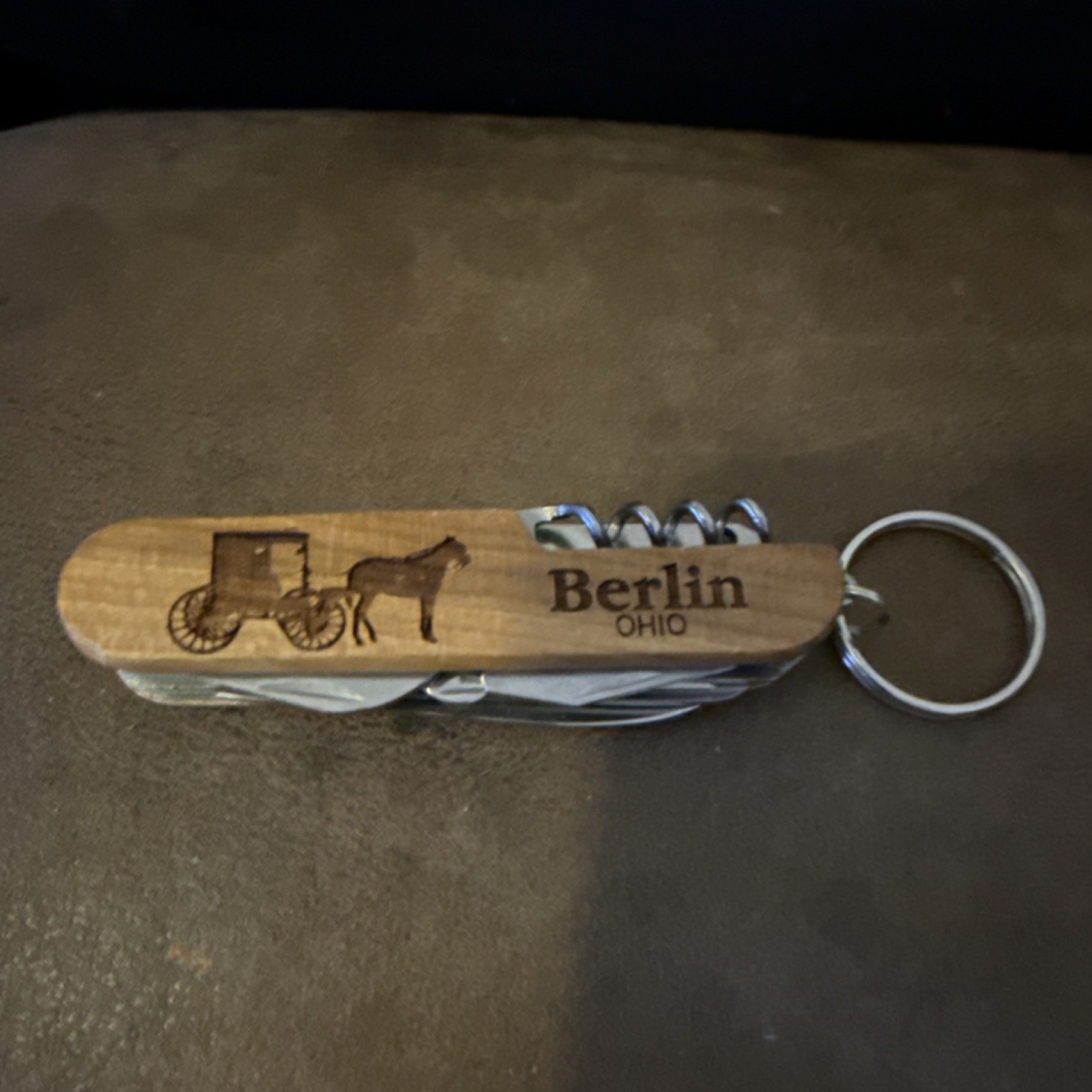 Wood Handle Multi-Tool Key Ring Knife, Scissors, Saw, Corkscrew, Bottle Opener