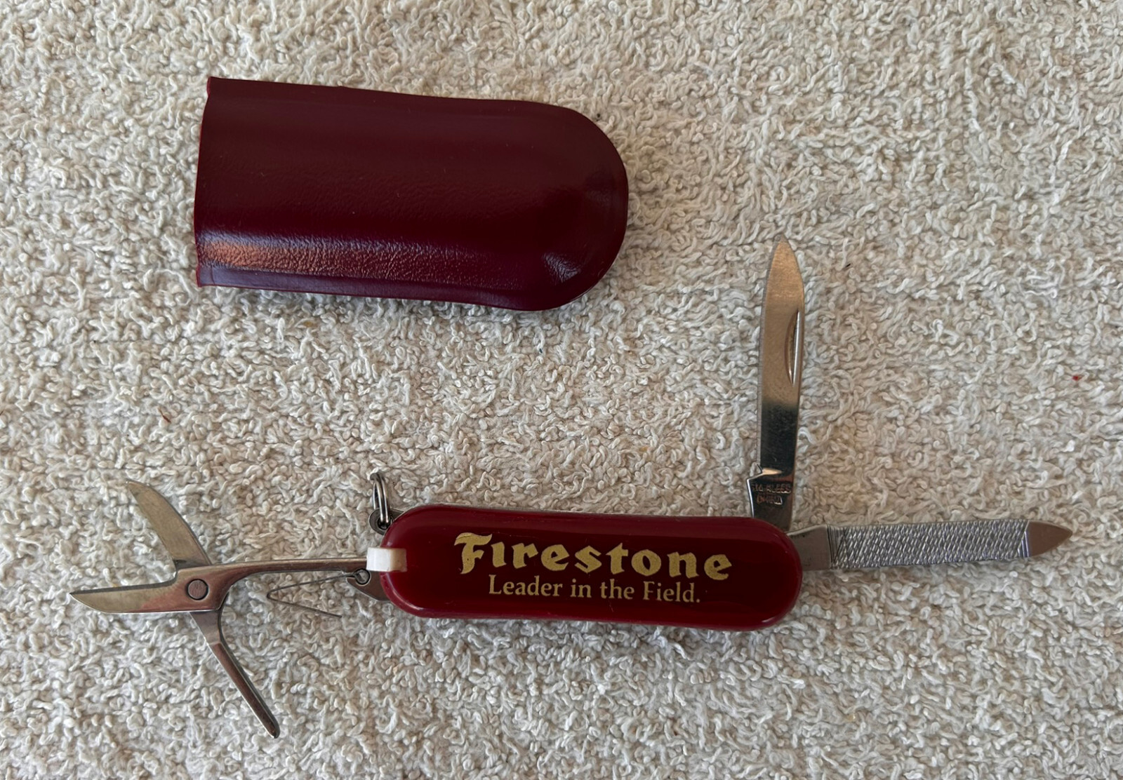 Vintage Army Knife Multi Tool With Case Firestone Charlie Case Tires Small 2.25″