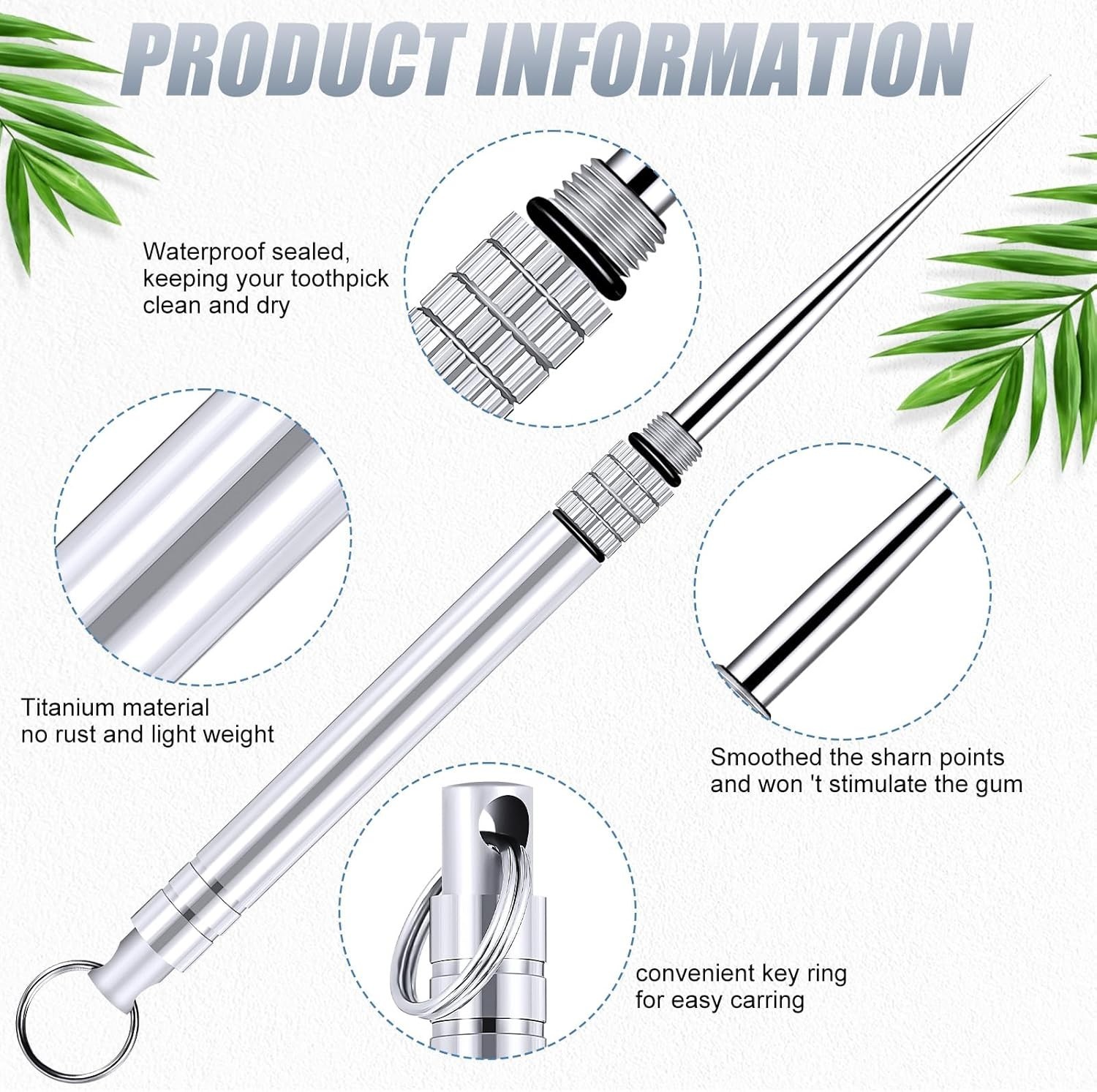 Metal Titanium Toothpicks, 8Pcs Silver Reusable Keychain Telescopic Toothpick