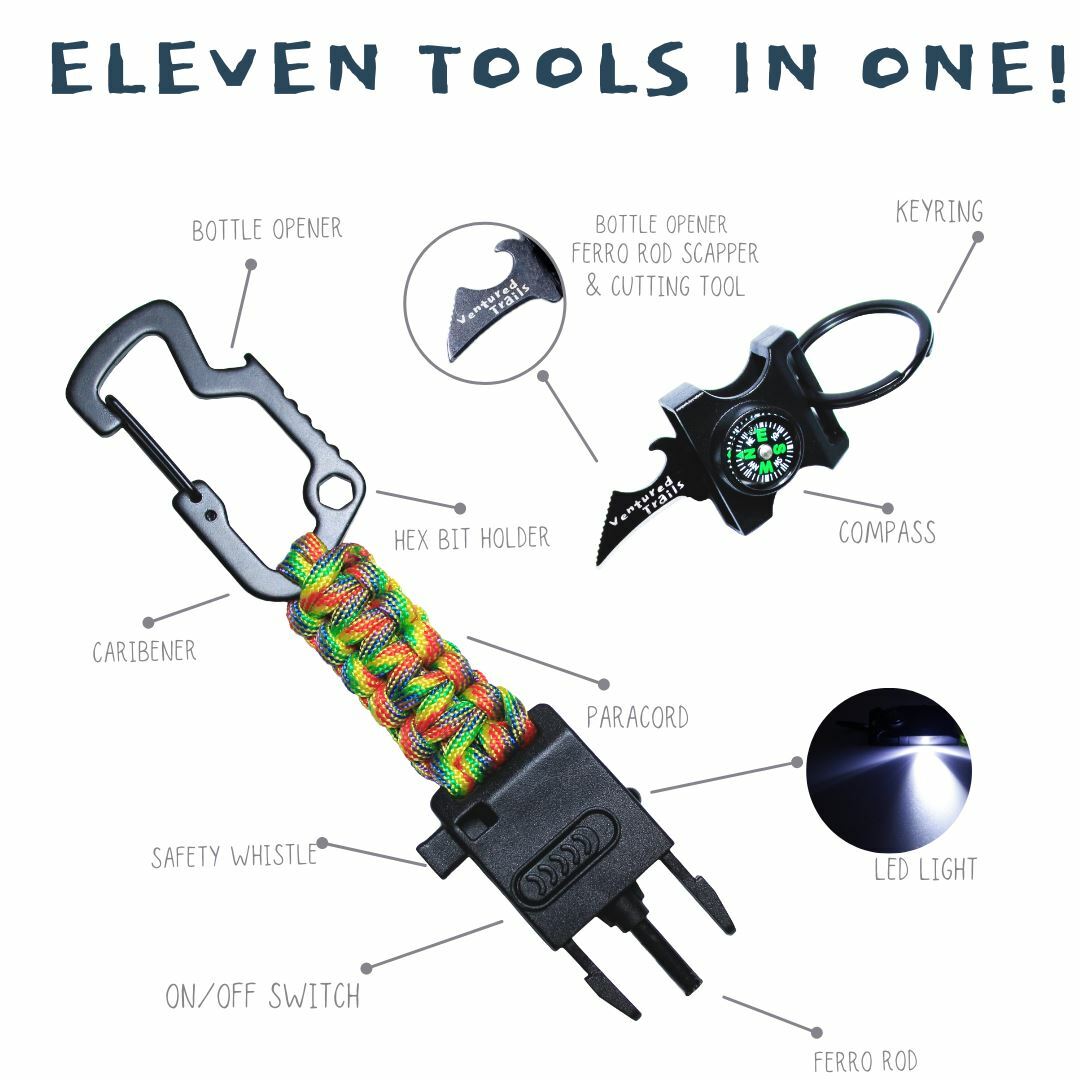 VenturedTrails 11-in-1 Outdoor Survival Multitool Keychain (Rainbow)