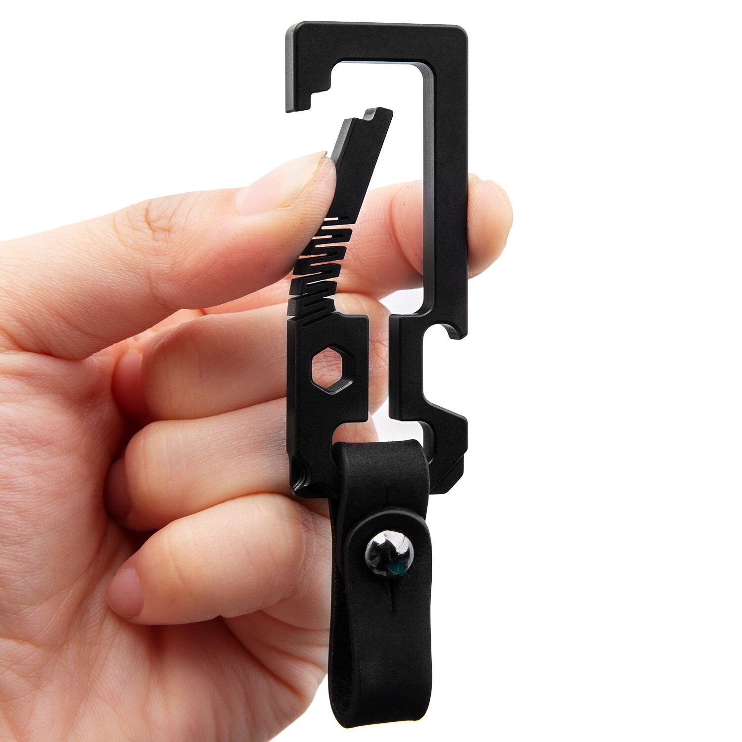 EDC Titanium Alloy + Leather Black Keychain Carabiner Opener Car Key Pendant