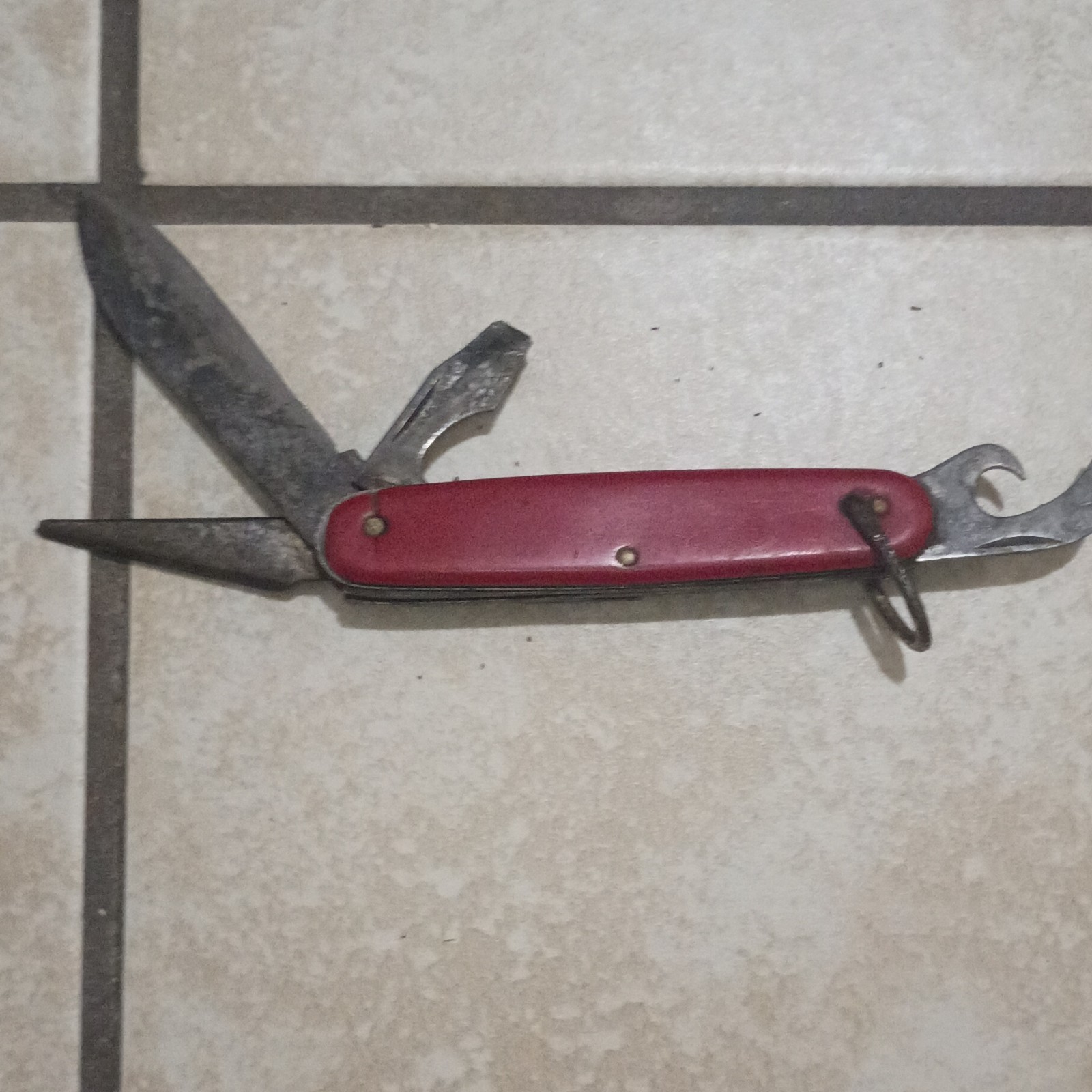 Red Folding Multi-Tool Pocket Knife, Stainless Blade, Awl & Bottle Opener