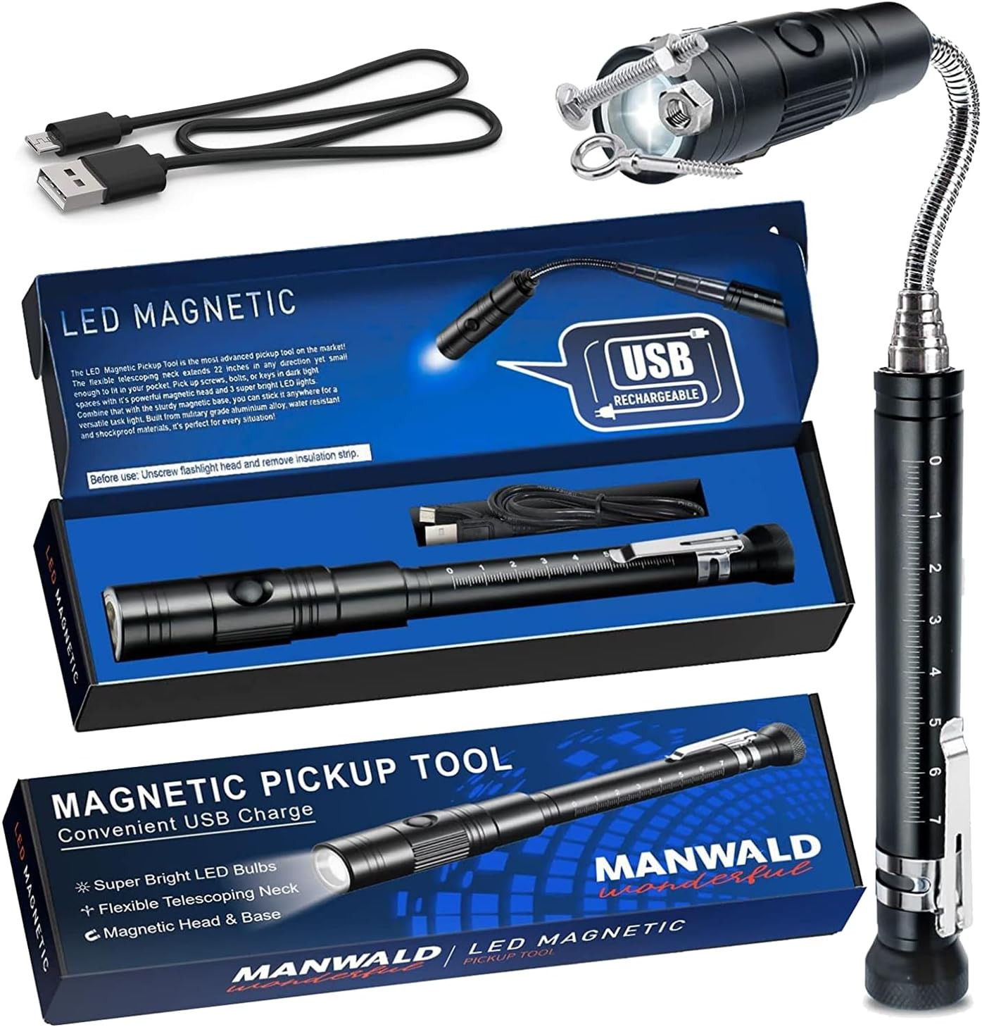 Rechargeable Magnetic Pickup Tool, Telescoping Magnetic Flashlights with Extenda