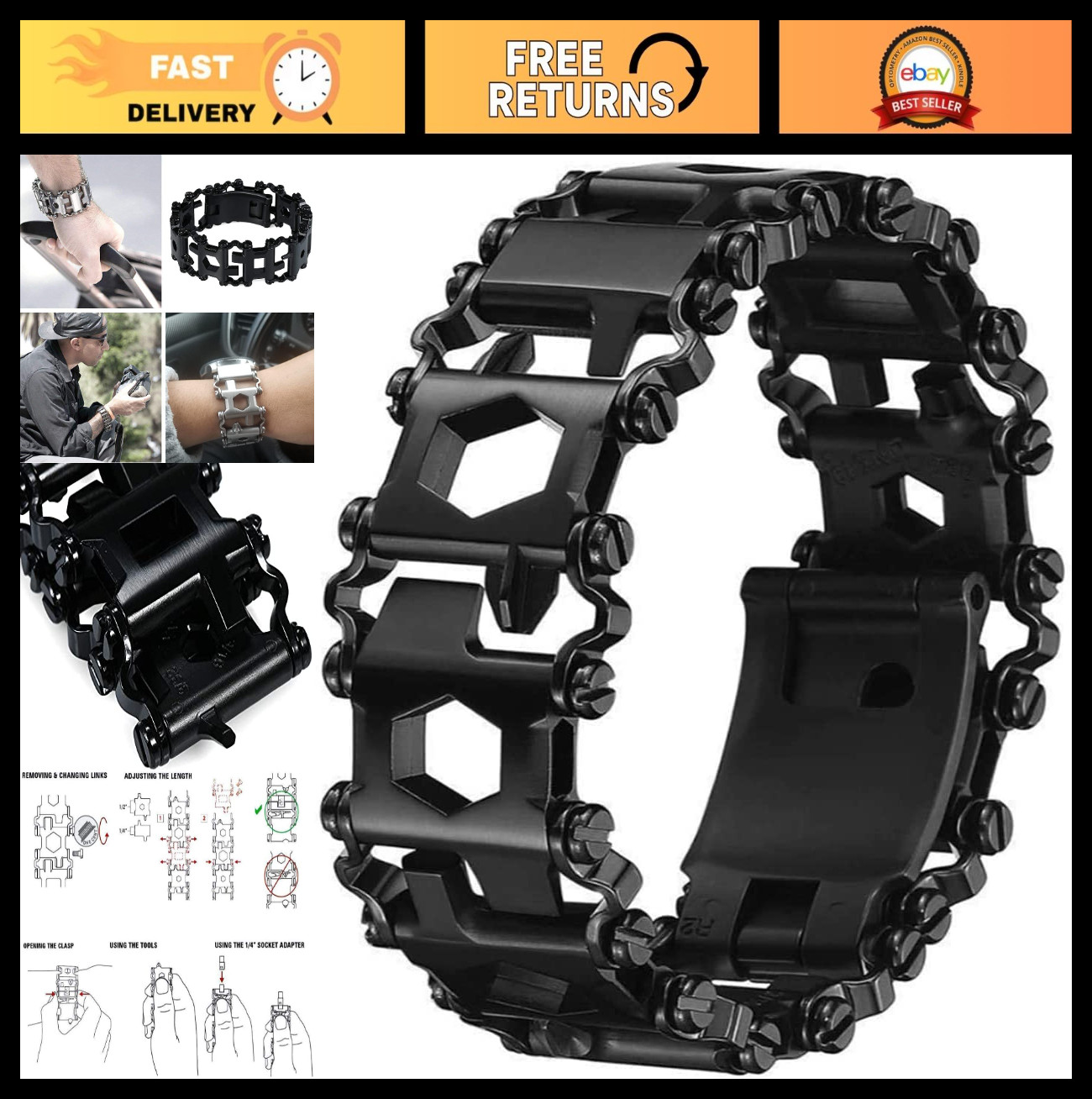 29-in-1 Multitool Bracelet, 22cm Stainless Steel, Outdoor Travel Tool & Watch St
