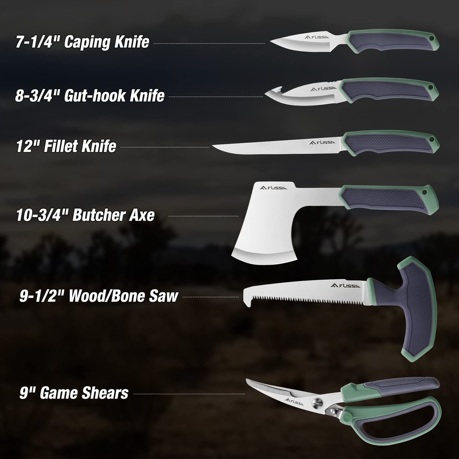 Flissa Hunting Field Dressing Kit, 10 Piece Knife Set with Green
