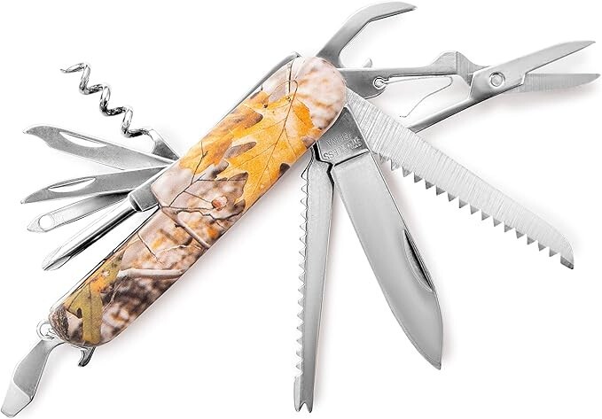 MAXAM, 16-Function Knife with Leymar Handle, Stainless Steel Multi Tool – Camo