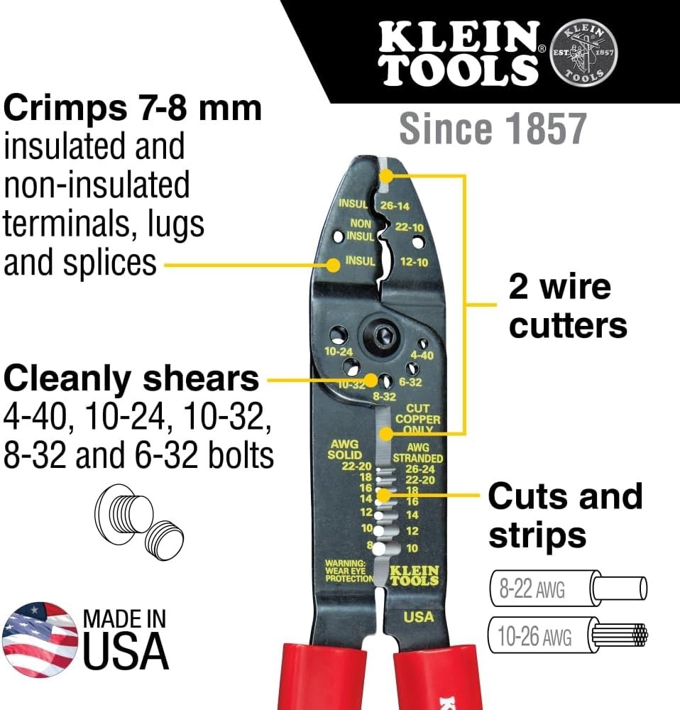 Klein Tools 1001 Multi-Purpose Wire Stripper & Crimper for 8-22 AWG, 8.5-Inches