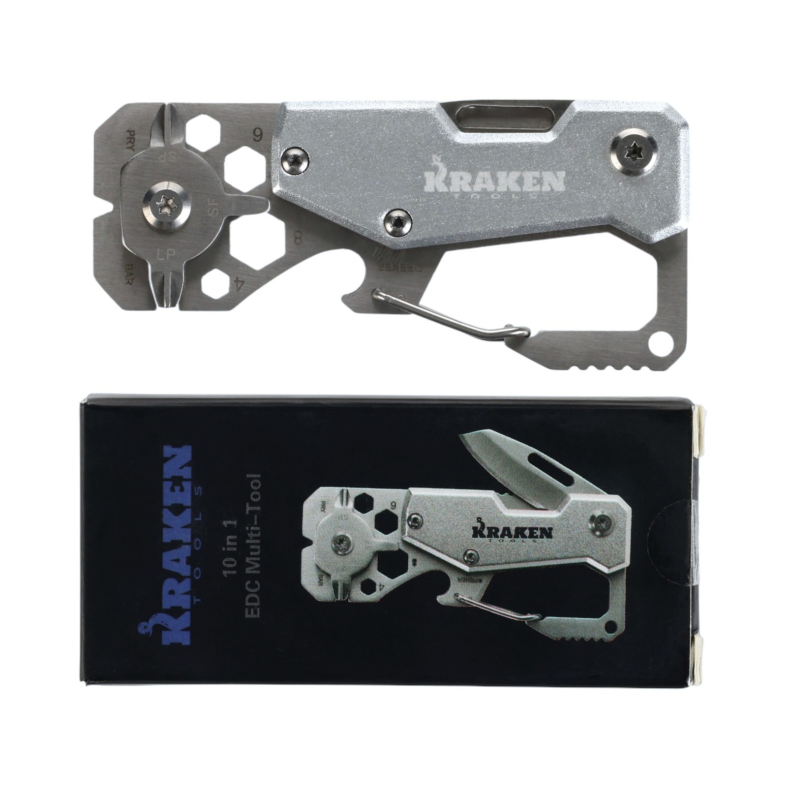 Kraken Tools 10 in 1 Stainless Steel EDC Multi Tool with Carabiner