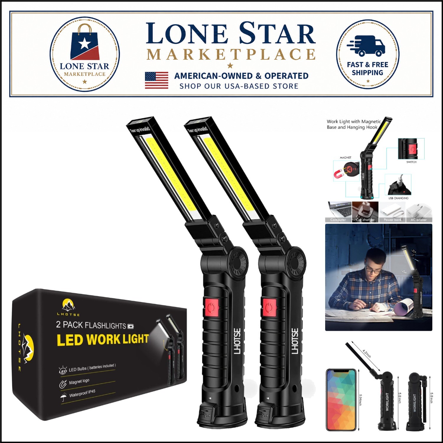 Powerful LED Work Light 2-Pack with 360° Rotation & Magnetic Base – Rechargeable