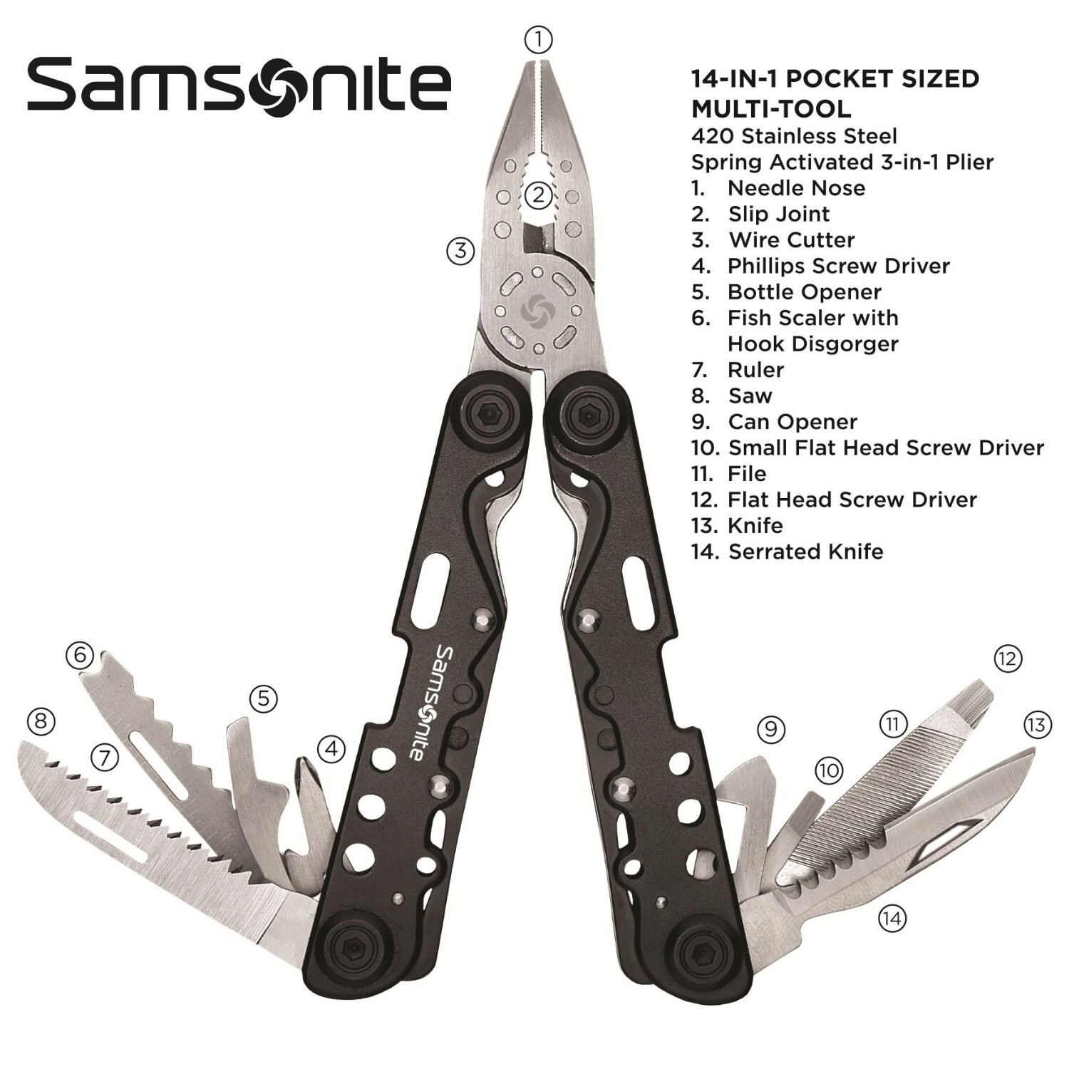 New! Samsonite Premium Travel Deluxe 14-in-1 Stainless Steel Multi Tool in Black