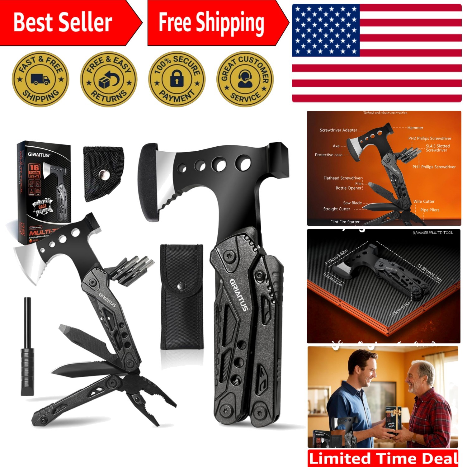 Compact 16 in 1 Camping Multitool with Axe, Pliers & Emergency Gear – Gift Ready