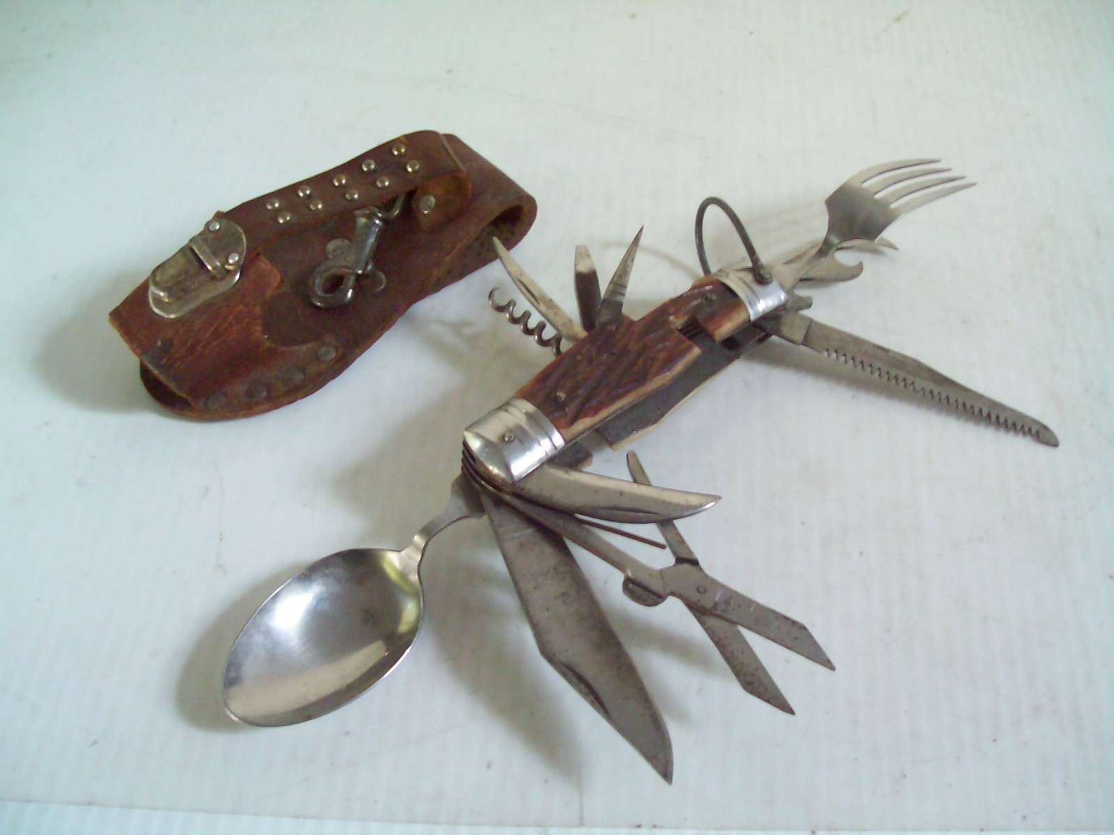 Vintage Camping Multi Task Pocket Knife Tool w/ Belt Holder Made in Japan