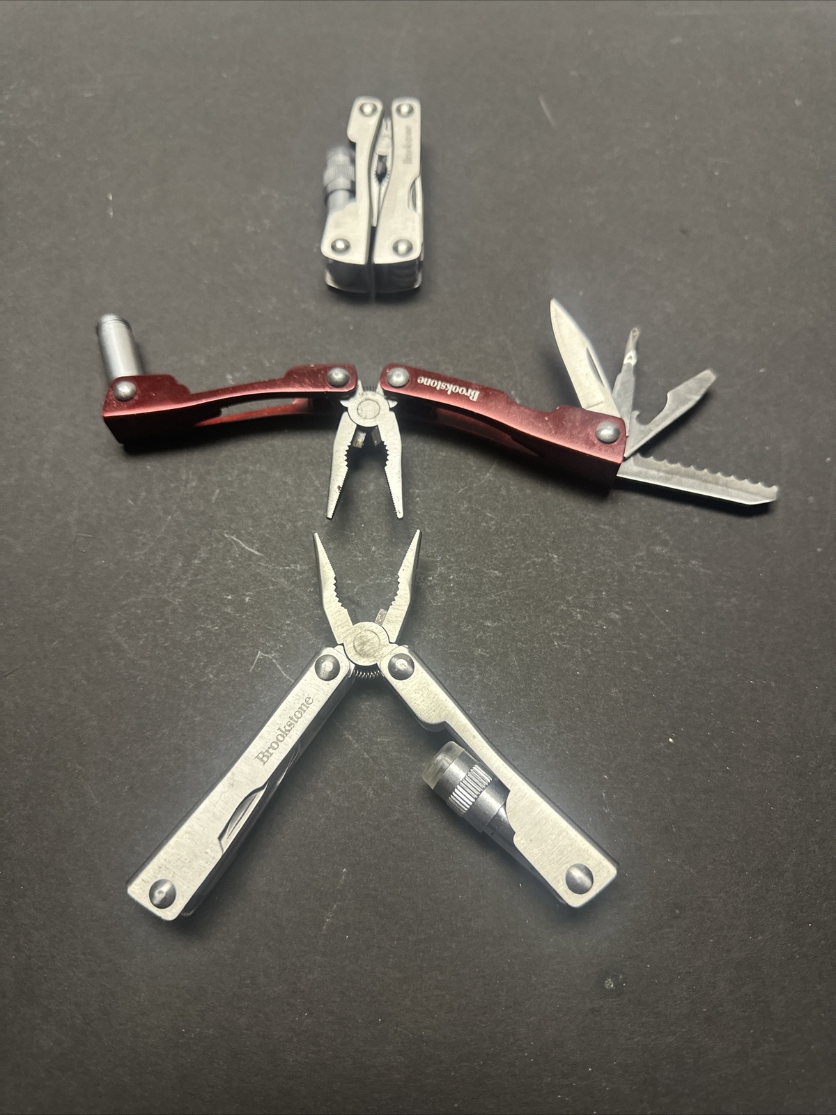 Lot Of 3 Mini Multitool Knife Brookstone with Flashlight Red, & Silver