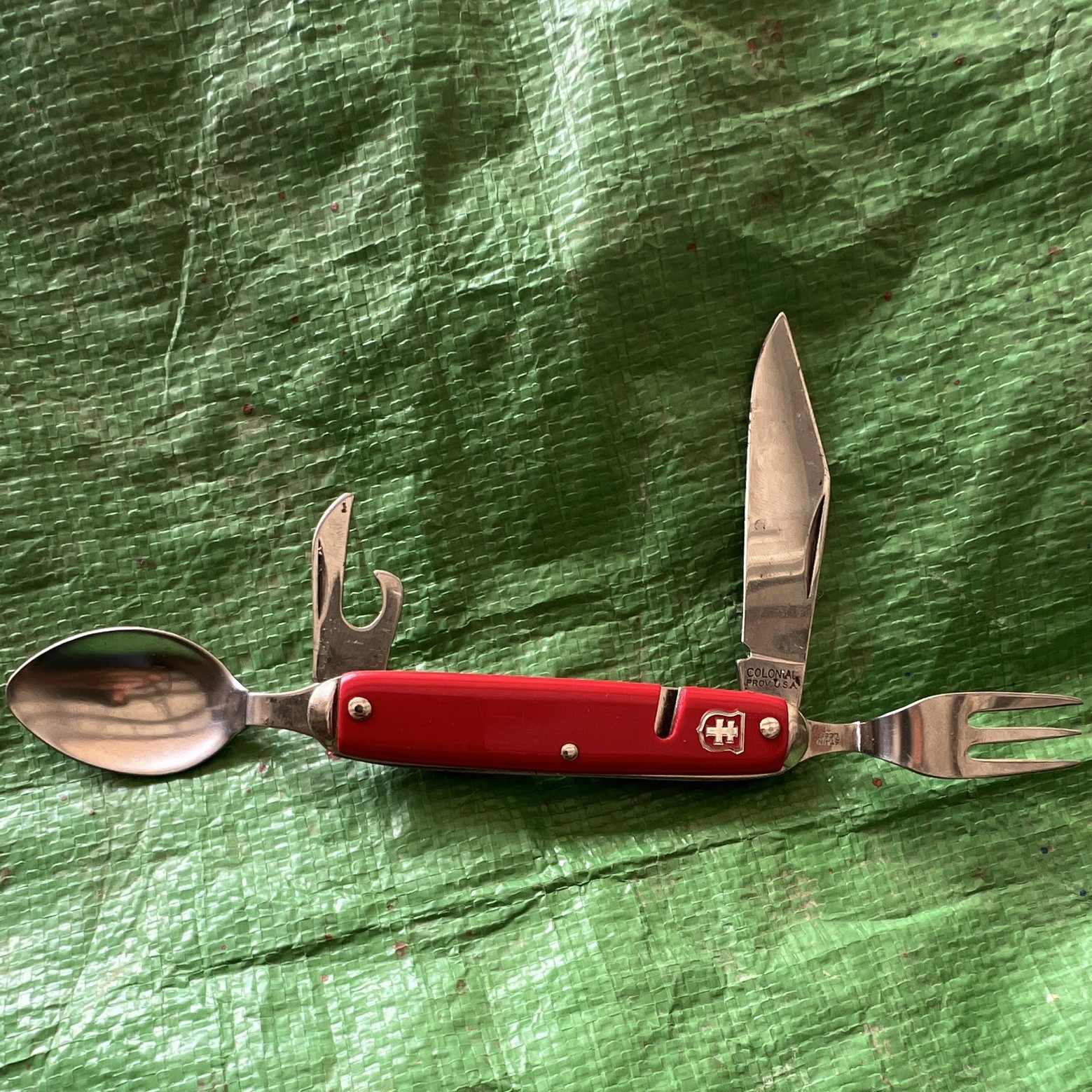 Colonial Prov USA camper hobo pocket Knife w/ Fork Spoon, bottle Opener .