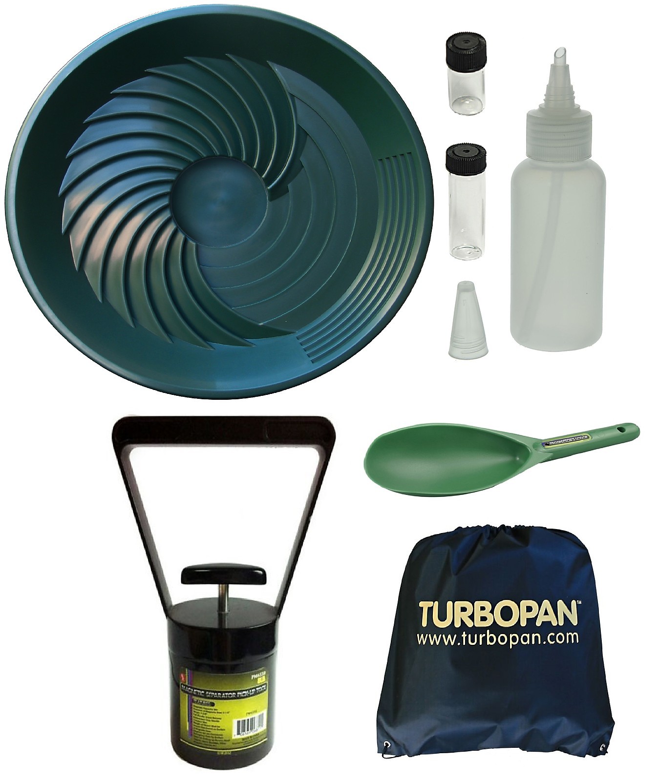 Turbopan GREEN 16″ Gold Pan/Snuffer/Vials/Magnet/Sand Scoop/Carry Bag Panning