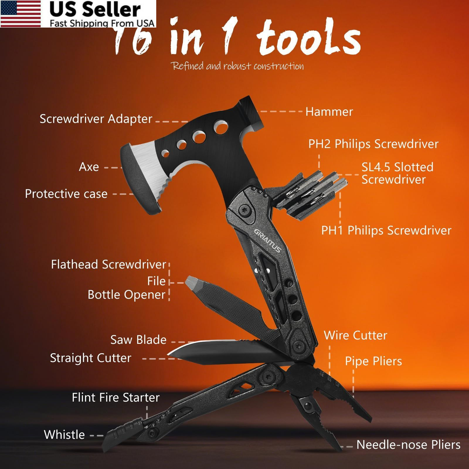Camping Essentials Multitool Accessories Gifts for Men 16 in 1 Black