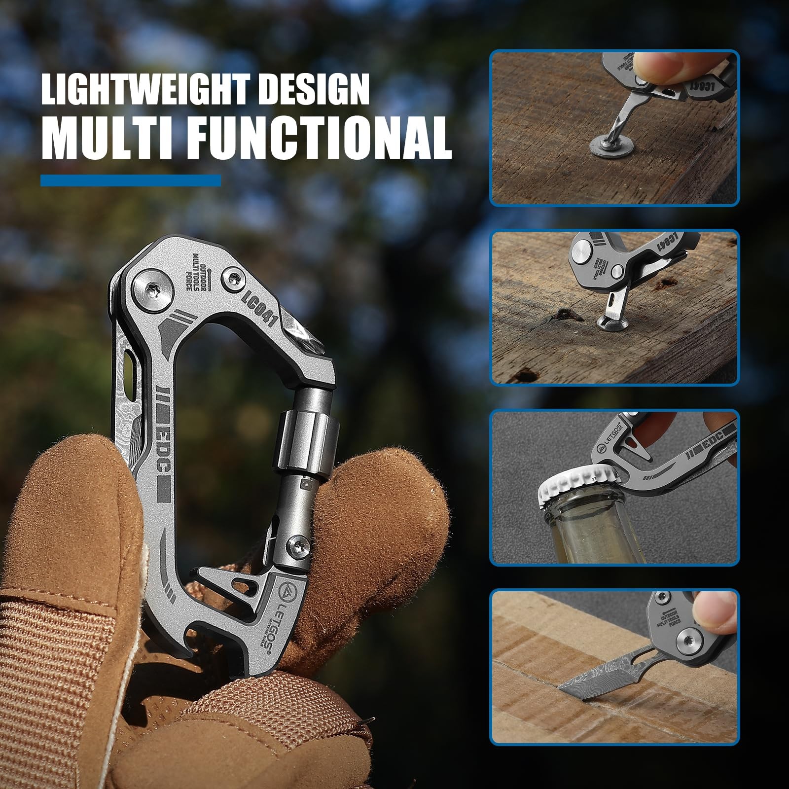 Titanium 6-in-1 Multi-Tool Carabiner–EDC Damascus Steel Knife, Bottle Opener,…