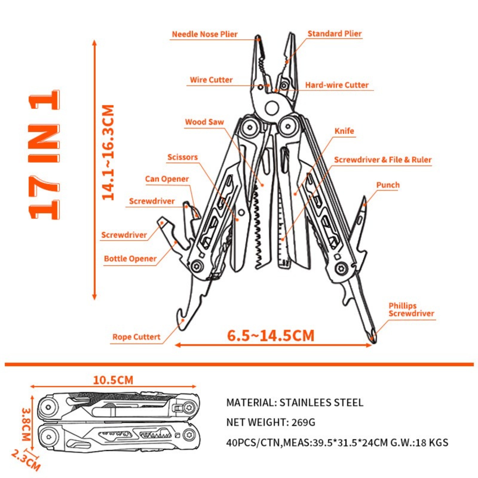 17-in-1 Folding Multi-tool Pliers Portable Camping Hiking Outdoor Repair Tool