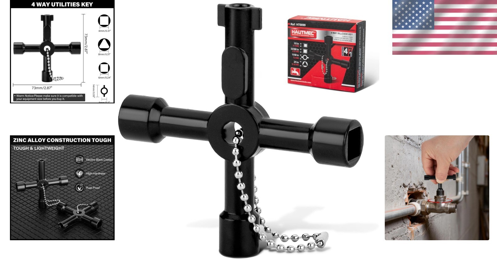 4 Way Zinc Alloy Water Key for Plumbers and Electricians – Compact & Stylish