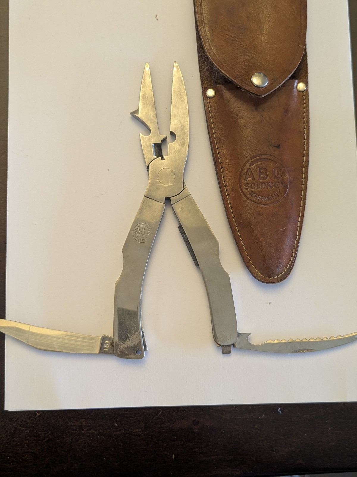 Vtg ABC Solingen Germany Stainless Steel Fishing Multi tool w/ Original Sheath