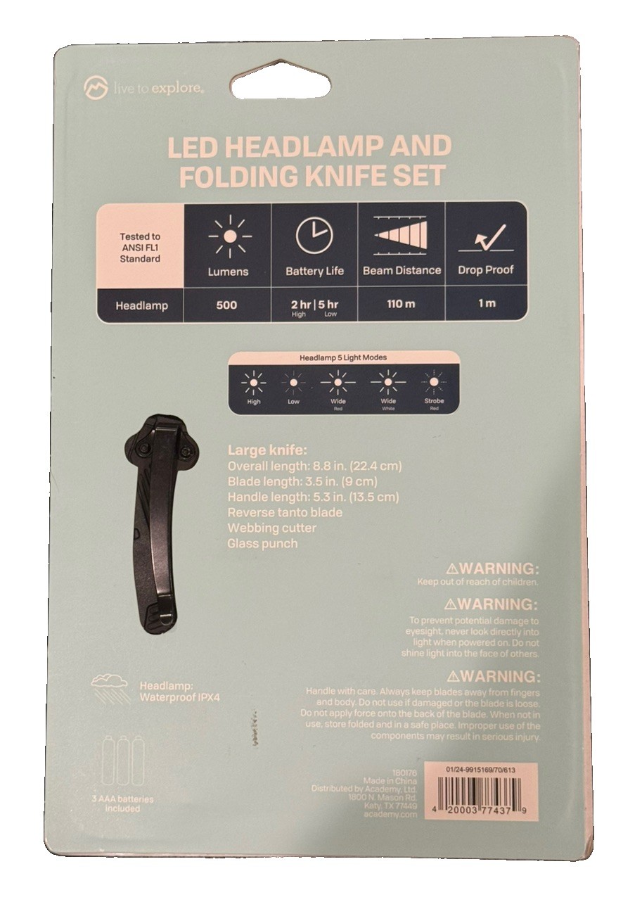 Magellan Outdoors: LED HeadLamp & Folding Knife Set w/ EverBrite AAA Batteries