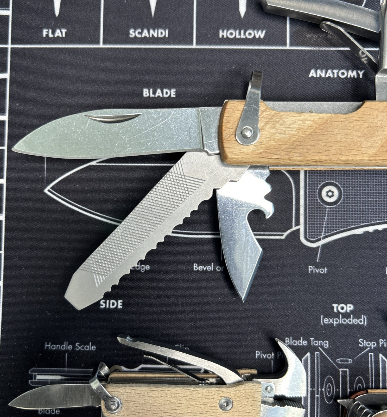 Lot of 3 Wood Handle Hammer Folding Compact Multi Tools Knife Saw & More VGUC